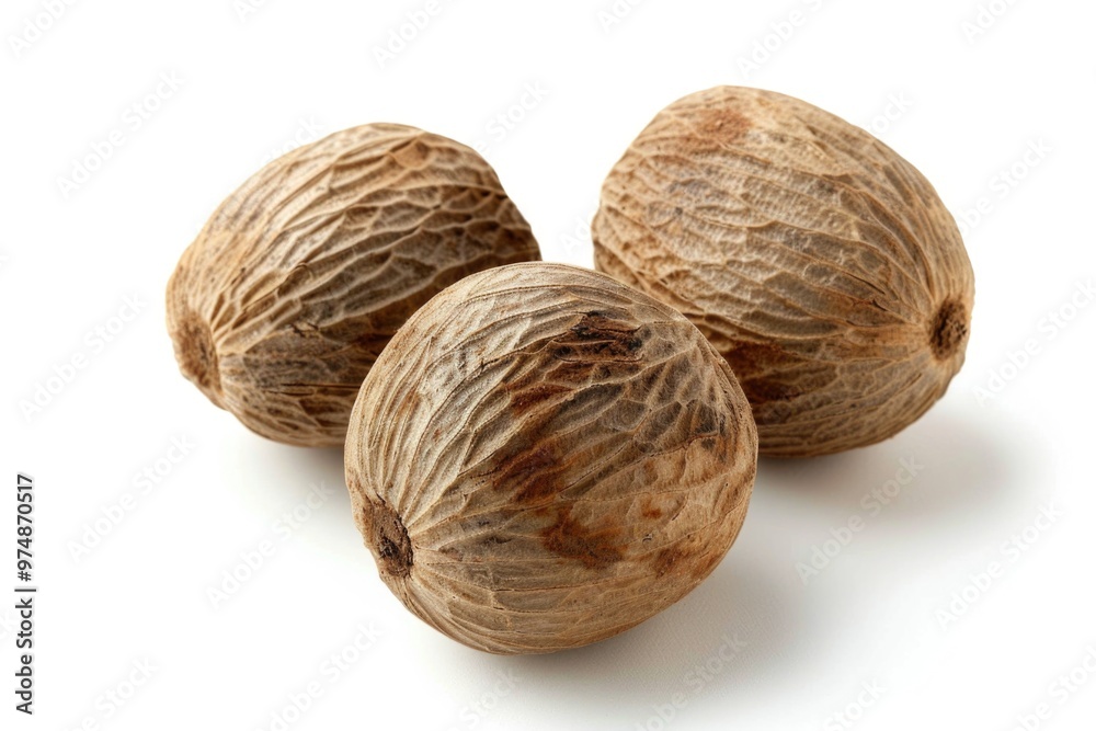 Three whole nutmegs arranged on a clean white surface Three whole nutmegs arranged on a clean white surface