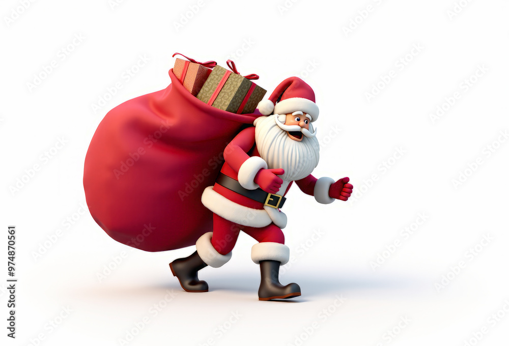 3D Santa Claus with a bag of gifts on his back on a white background 3D Santa Claus with a bag of gifts on his back on a white background