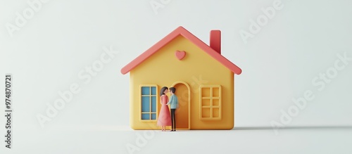 3D rendering of a home icon alongside a couple against a white background