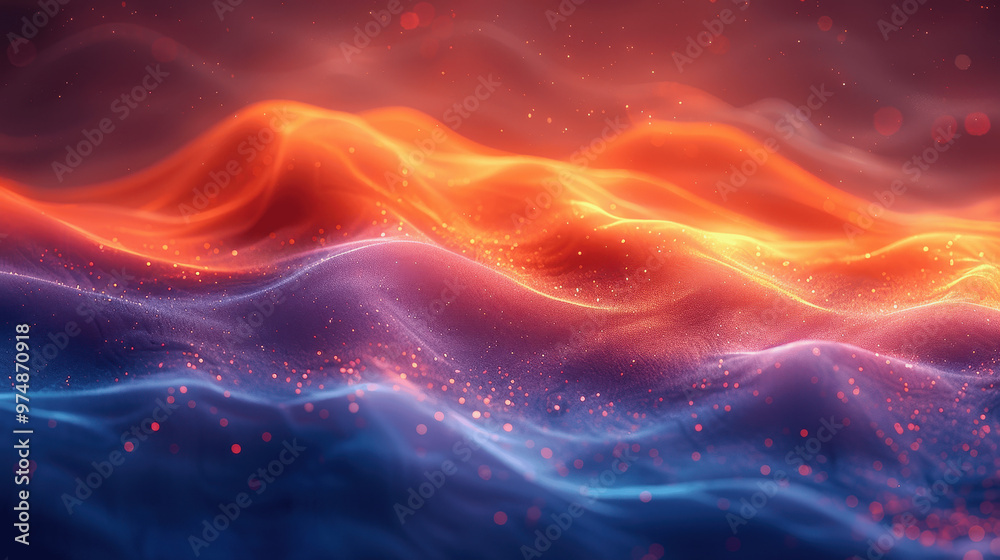 Abstract digital waves of orange and purple flowing gracefully across a vibrant background with sparkling particles at night Abstract digital waves of orange and purple flowing gracefully across a vibrant background with sparkling particles at night