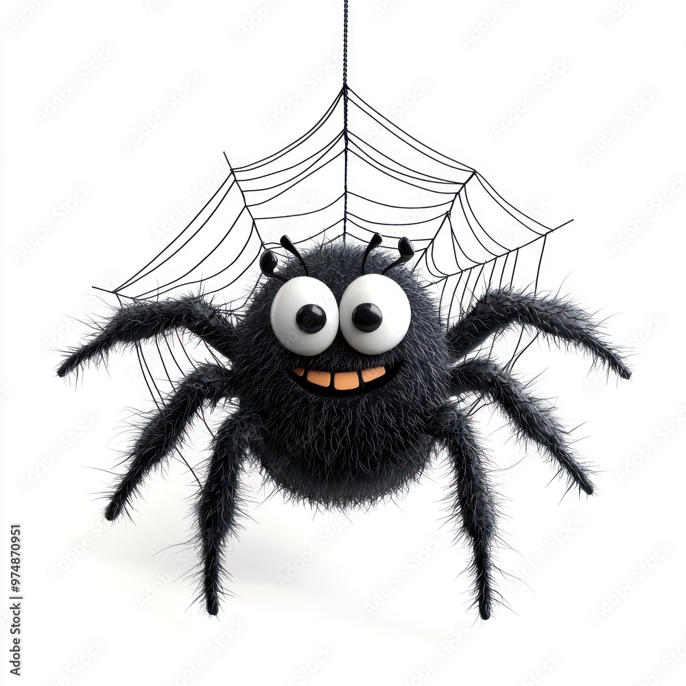 A spider with big eyes and a smile on its face is hanging from a web A spider with big eyes and a smile on its face is hanging from a web