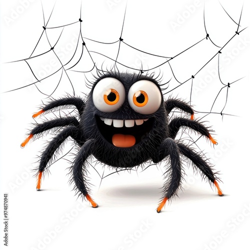 A cartoon spider with big eyes and a big smile is standing on a web photo