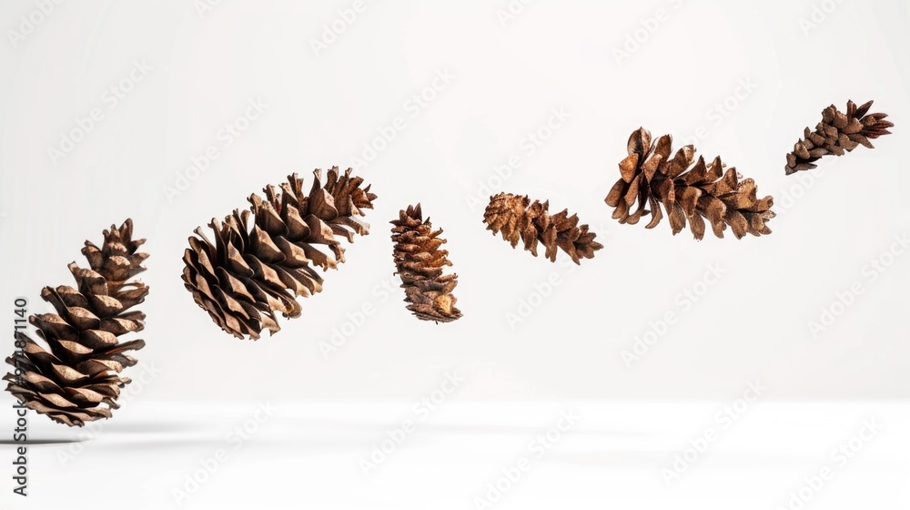 A collection of pine cones suspended in mid-air A collection of pine cones suspended in mid-air
