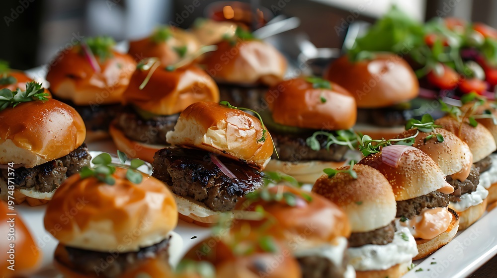 A tray of assorted slider burgers A tray of assorted slider burgers
