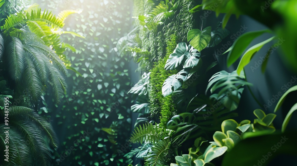 Fototapeta premium Blue biophilic design with living walls, lush greenery,