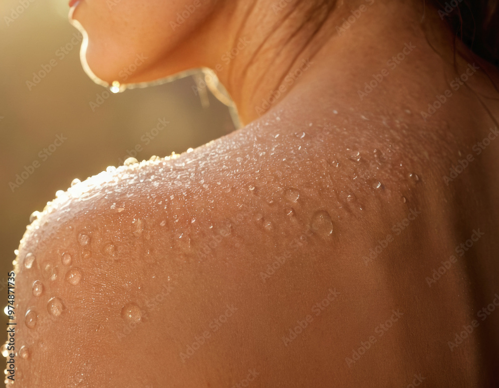 Fototapeta premium Close-up of a woman’s shoulder with water droplets, showcasing smooth and hydrated skin.