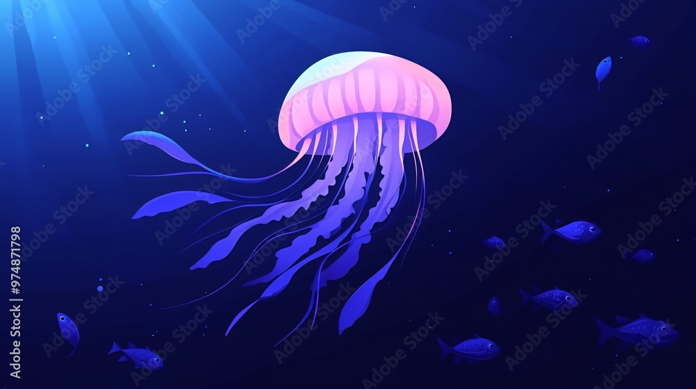 A pink jellyfish with long blue tentacles floats in a dark blue ocean with smaller blue fish surrounding it. A pink jellyfish with long blue tentacles floats in a dark blue ocean with smaller blue fish surrounding it.