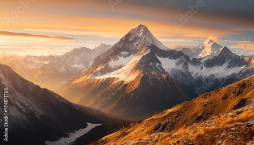 Snow-capped peaks in a remote mountain range, surrounded by untouched wilderness photo