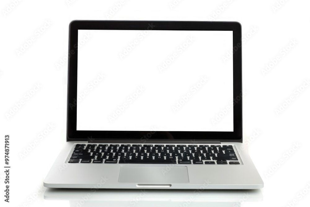 A laptop computer with a blank white screen on a table, ready for use A laptop computer with a blank white screen on a table, ready for use