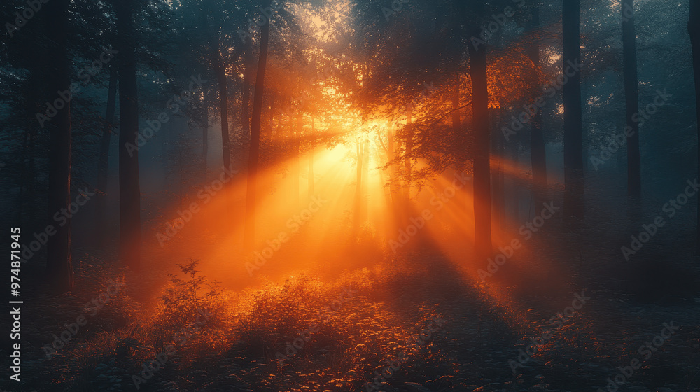 Golden sunlight streams through trees in a misty forest during early morning hours, creating a serene and tranquil atmosphere Golden sunlight streams through trees in a misty forest during early morning hours, creating a serene and tranquil atmosphere