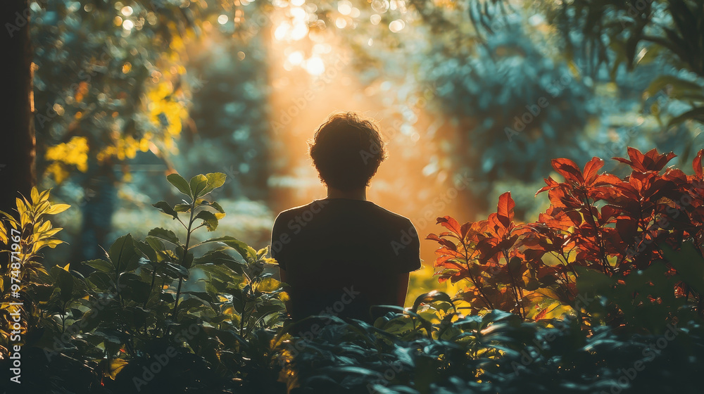 A person sitting among vibrant foliage in a sunlit forest, enjoying the tranquility of nature in the early morning A person sitting among vibrant foliage in a sunlit forest, enjoying the tranquility of nature in the early morning