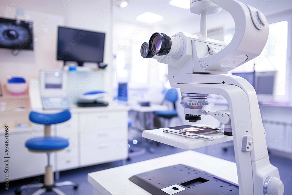 A microscope sits on a table in a room, ideal for laboratory or office settings A microscope sits on a table in a room, ideal for laboratory or office settings