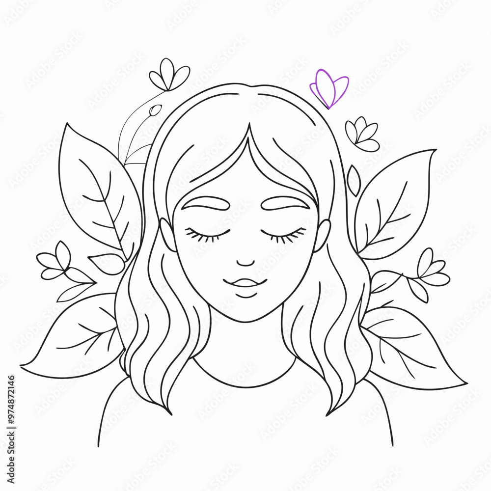 Serene girl with closed eyes surrounded by leaves and a heart symbol in a simple line art illustration Serene girl with closed eyes surrounded by leaves and a heart symbol in a simple line art illustration