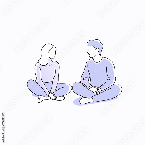 A young man and woman sitting and talking in a soft purple illustration on a white background