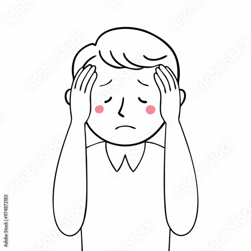 Upset young man holding his head with a sorrowful expression in a simple illustrated style
