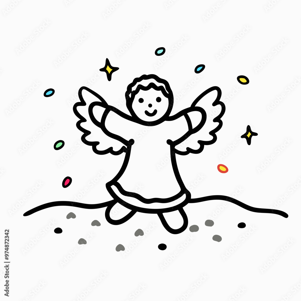 Fototapeta premium Playful child making a snow angel illustration, whimsical design, winter theme, festive concept, copy space