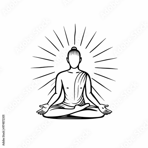 Elegant line drawing of a meditating Buddha figure with radiating lines of enlightenment