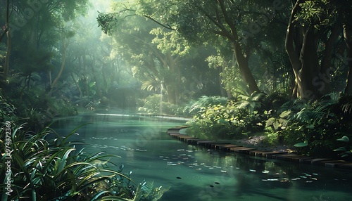 A river with trees and bushes dense forest
