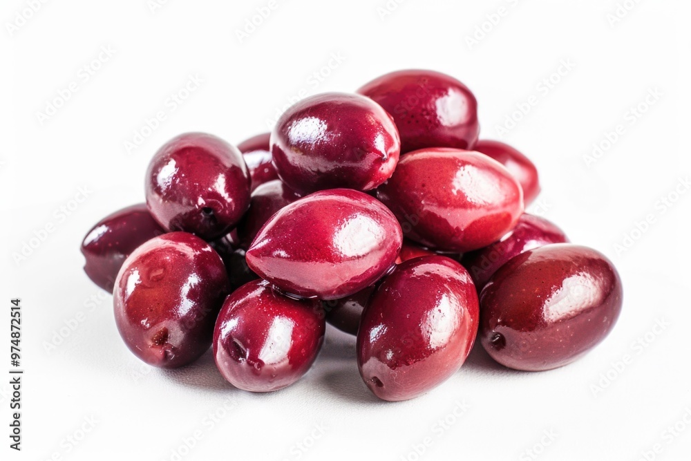 A stack of juicy cherries on a clean white surface A stack of juicy cherries on a clean white surface