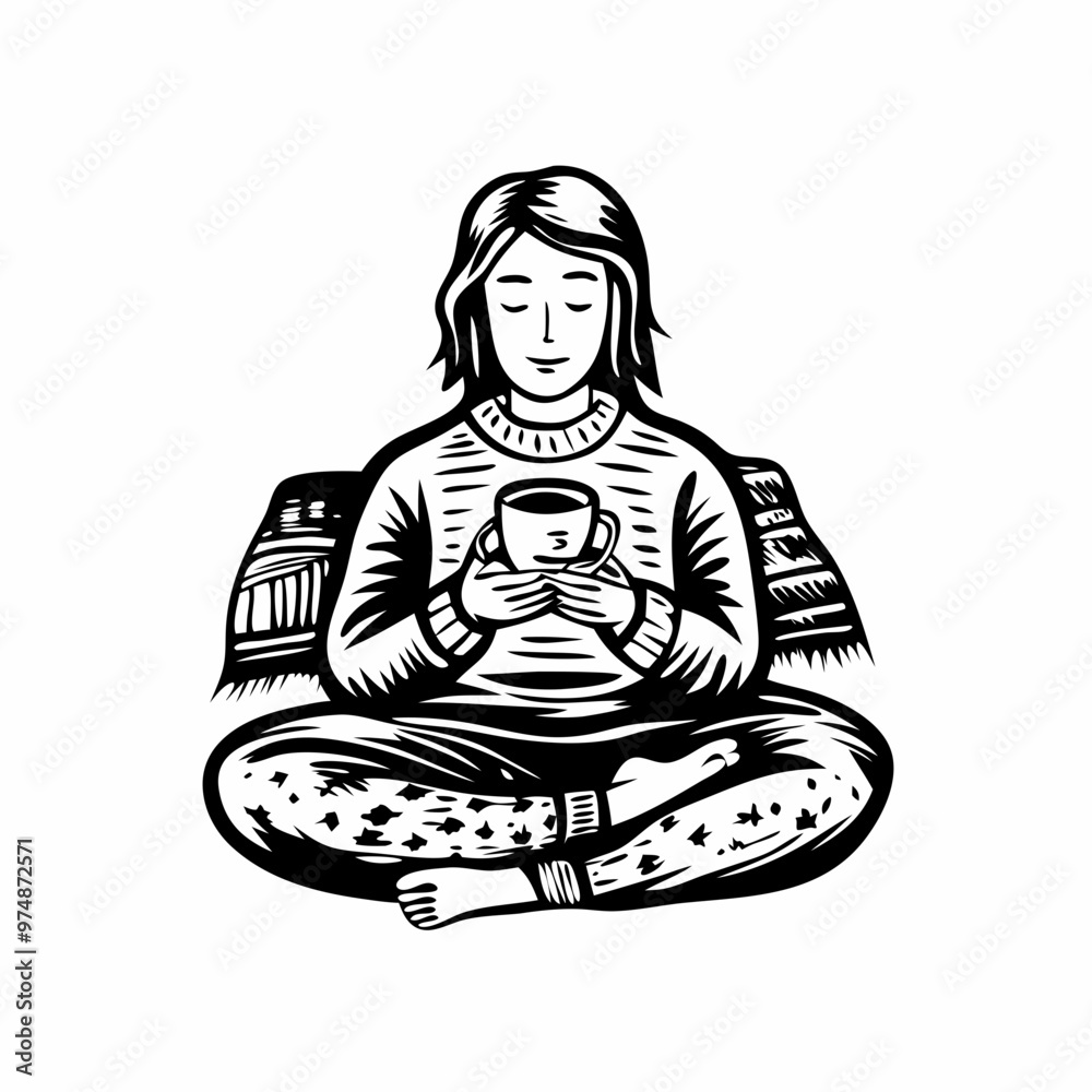 A young woman sitting cross-legged with a cup in hand, surrounded by cushions in a cozy atmosphere, in a black and white vintage style illustration symbolizing mental health and self-care A young woman sitting cross-legged with a cup in hand, surrounded by cushions in a cozy atmosphere, in a black and white vintage style illustration symbolizing mental health and self-care