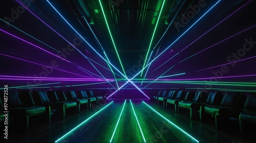 Vibrant Laser Light Show in a Dark Room with Striking Green and Purple Beams