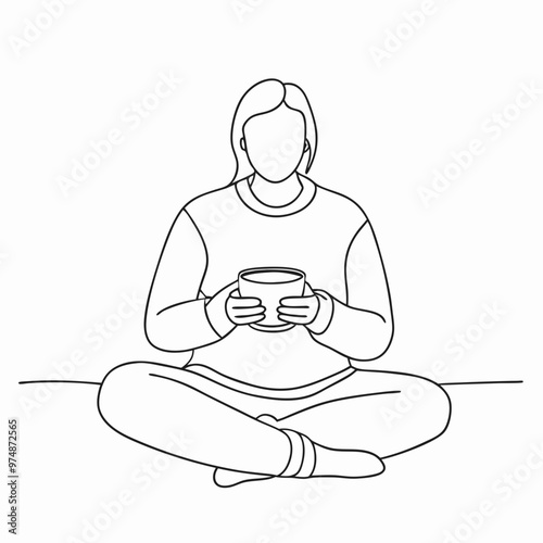 A young woman sitting cross-legged with a cup in hand in a simple black outline illustration on a white background
