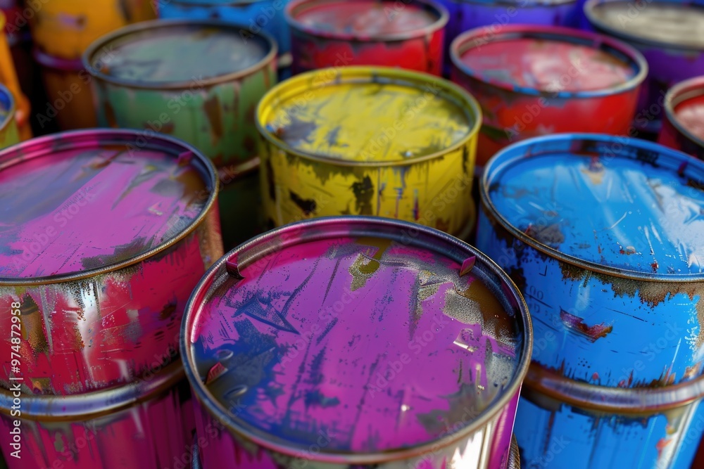 A collection of paint buckets placed side by side A collection of paint buckets placed side by side