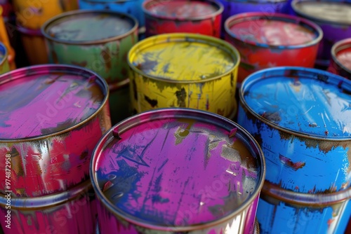 A collection of paint buckets placed side by side