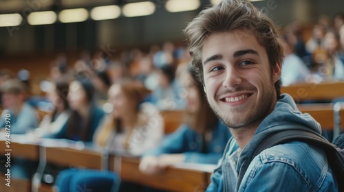 A person sitting in a lecture hall with a backpack, suitable for educational or office settings