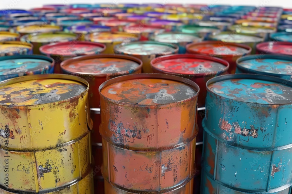 A group of vibrant barrels stacked together A group of vibrant barrels stacked together