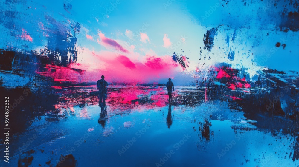 Fototapeta premium Blue color in digital glitch art, vibrant and dynamic,
