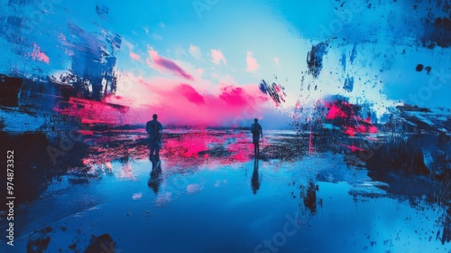 Blue color in digital glitch art, vibrant and dynamic, photo