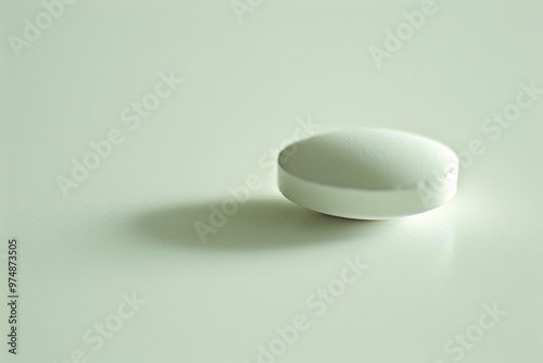 A single white pill resting on a clean white surface, suitable for use in pharmaceutical or medical contexts