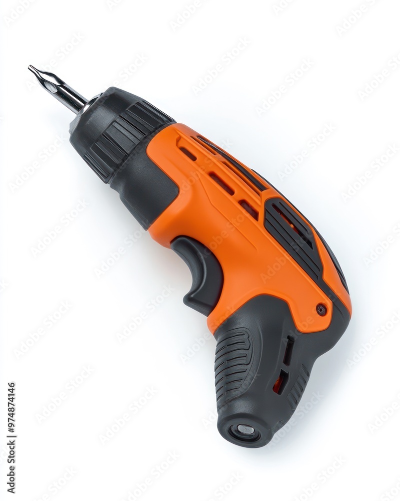 Heavy-duty electric screwdriver isolated on white background, top angle Heavy-duty electric screwdriver isolated on white background, top angle