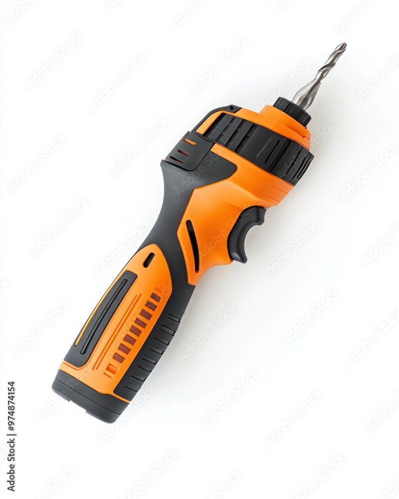 Heavy-duty electric screwdriver isolated on white background, top angle Heavy-duty electric screwdriver isolated on white background, top angle