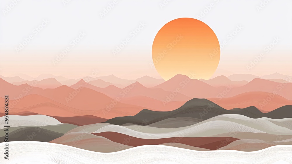 A minimalist illustration of a mountain range with a large orange sun in the sky. The mountains are a soft, muted orange, brown, and green. A minimalist illustration of a mountain range with a large orange sun in the sky. The mountains are a soft, muted orange, brown, and green.