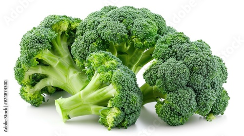 Fresh broccoli florets arranged on a clean white background