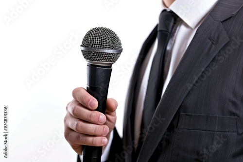 A person holding a microphone, suitable for public speaking or presentation