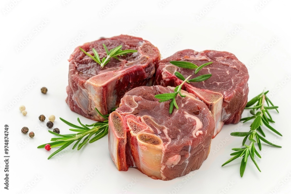 Freshly cooked steak served with fragrant rosemary sprigs on a clean white surface, perfect for food photography or advertising Freshly cooked steak served with fragrant rosemary sprigs on a clean white surface, perfect for food photography or advertising
