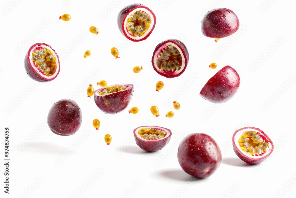 Fresh fruit suspended in mid-air, perfect for advertising healthy snacks or adding whimsy to your design Fresh fruit suspended in mid-air, perfect for advertising healthy snacks or adding whimsy to your design