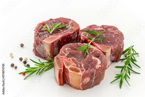 Freshly cooked steak served with fragrant rosemary sprigs on a clean white surface, perfect for food photography or advertising