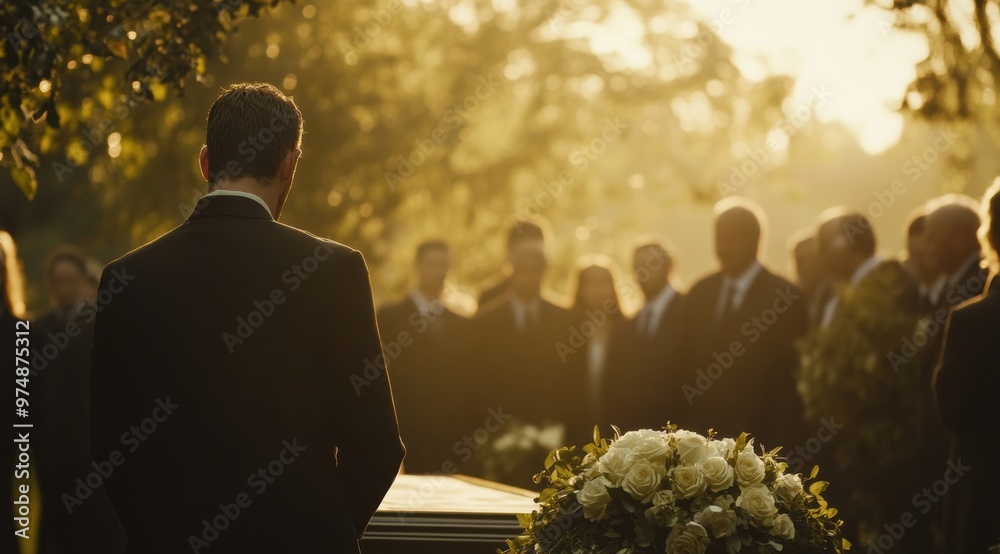 Naklejka premium A solemn funeral gathering under warm sunlight in a tranquil cemetery