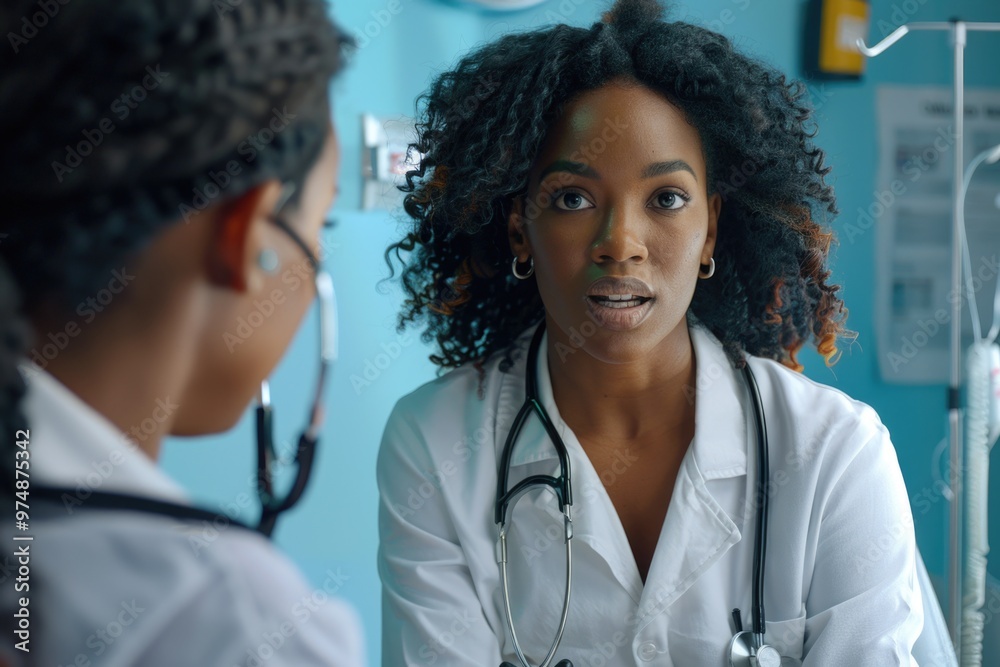 A woman wearing a stethoscope speaks with a doctor in a medical setting A woman wearing a stethoscope speaks with a doctor in a medical setting