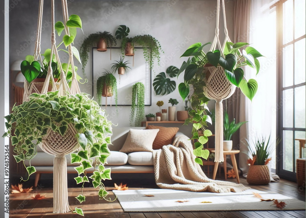 Fototapeta premium A cozy, plant-filled room with a swing chair and a comfortable sofa bathed in natural light.