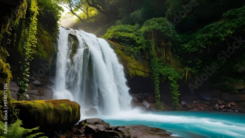 A misty, cascading waterfall plunges down a rugged rockface, surrounded by a lush tapestry of rich green vegetation, with vines and ferns spilling over the edges, amidst a backdrop of dense, emerald-h