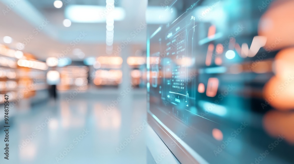 Holographic retail analytics, futuristic store design, advanced tech visuals Holographic retail analytics, futuristic store design, advanced tech visuals