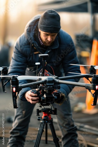 A person standing next to a camera on a tripod, ready to capture the moment