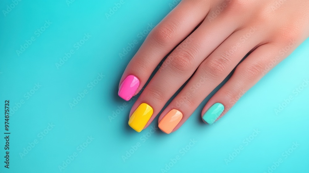 Brightly colored manicure on a hand against a turquoise background Brightly colored manicure on a hand against a turquoise background