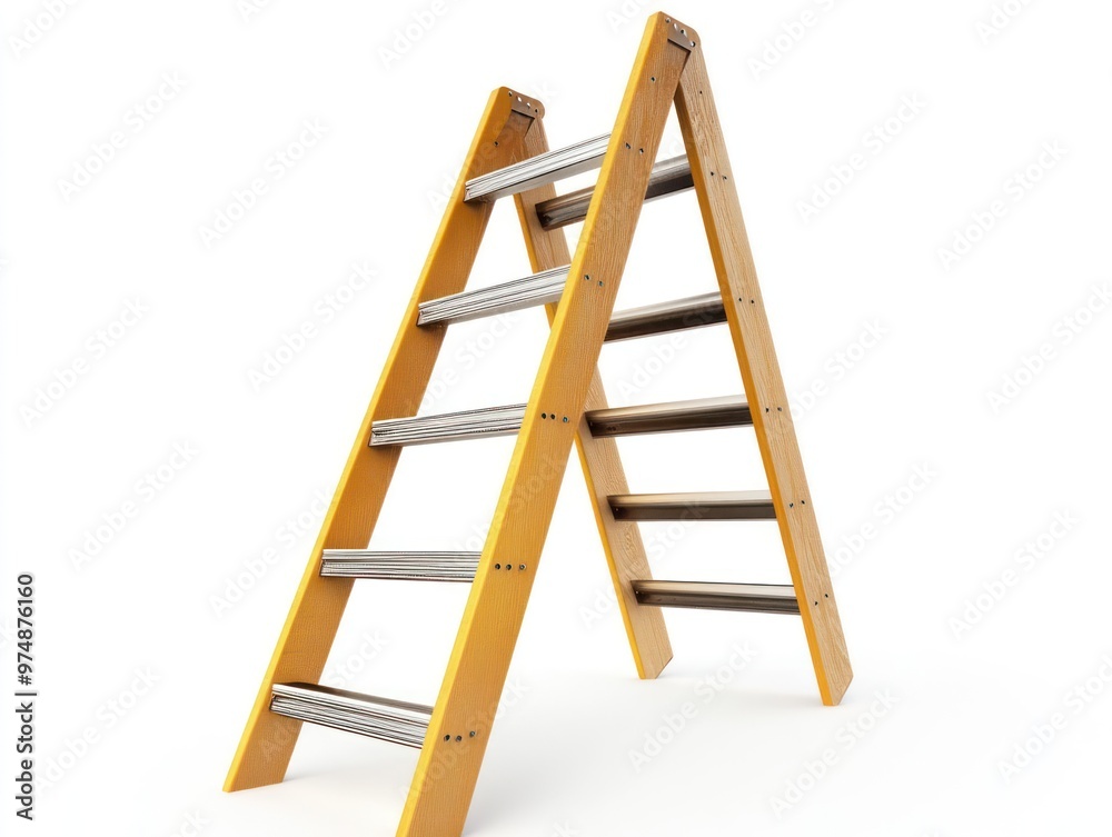 Industrial-grade ladder isolated on white background, angled view Industrial-grade ladder isolated on white background, angled view
