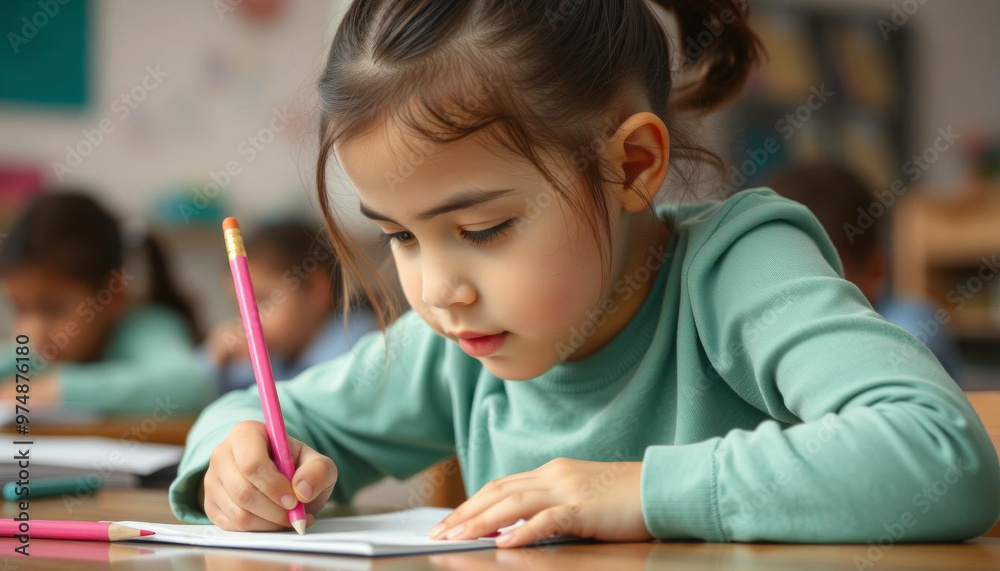 A young girl focused on writing with a pink pencil in a classroom. This image represents concentration, education, and the innocence of childhood. A young girl focused on writing with a pink pencil in a classroom. This image represents concentration, education, and the innocence of childhood.